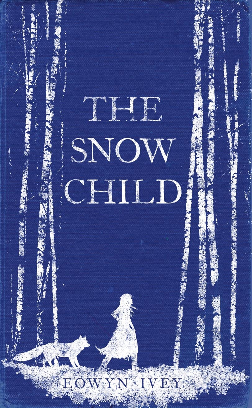 The Snow Child book, showing white silhouettes of a girl and a fox on a dark blue background.